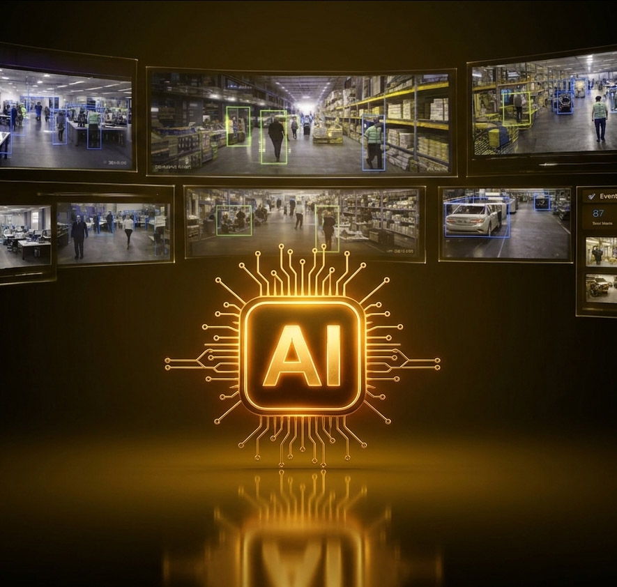 AI-powered video analytics interface showing multiple security camera feeds with person and vehicle detection for business surveillance