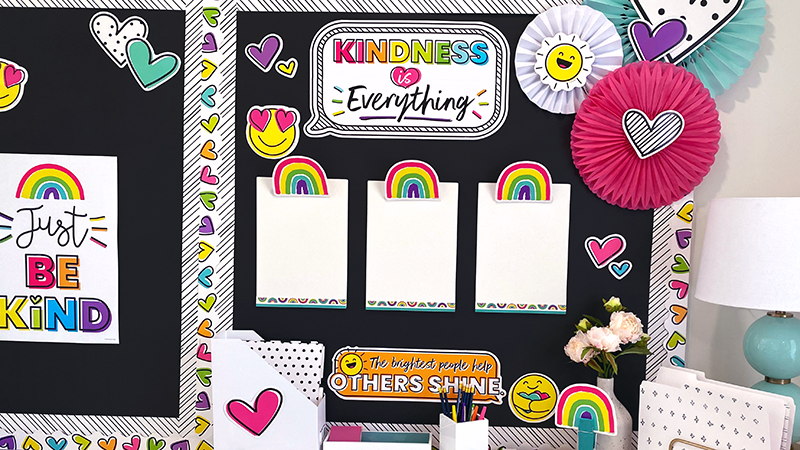 Chalkboard decroated with Kind Vibes cut-outs and bulletin board set