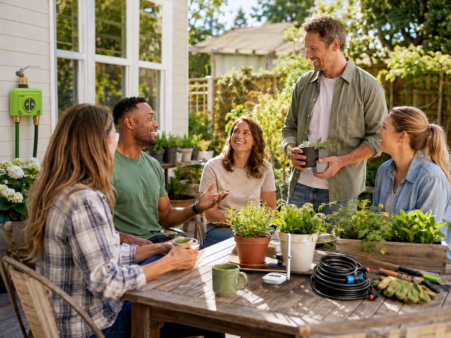 Group of friends gardening and sharing ideas outdoors at a sunny table.