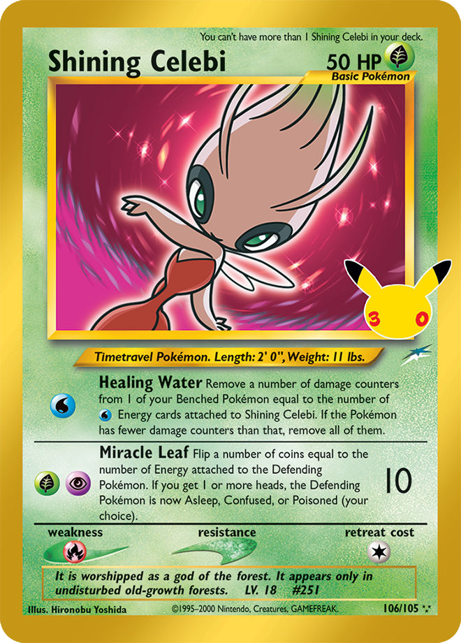 The Shining Celebi Pokémon card from the 30th Celebration Classic Collection .
