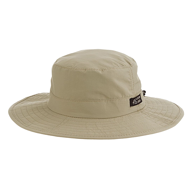 Beige wide-brimmed bucket hat with a label on the side.