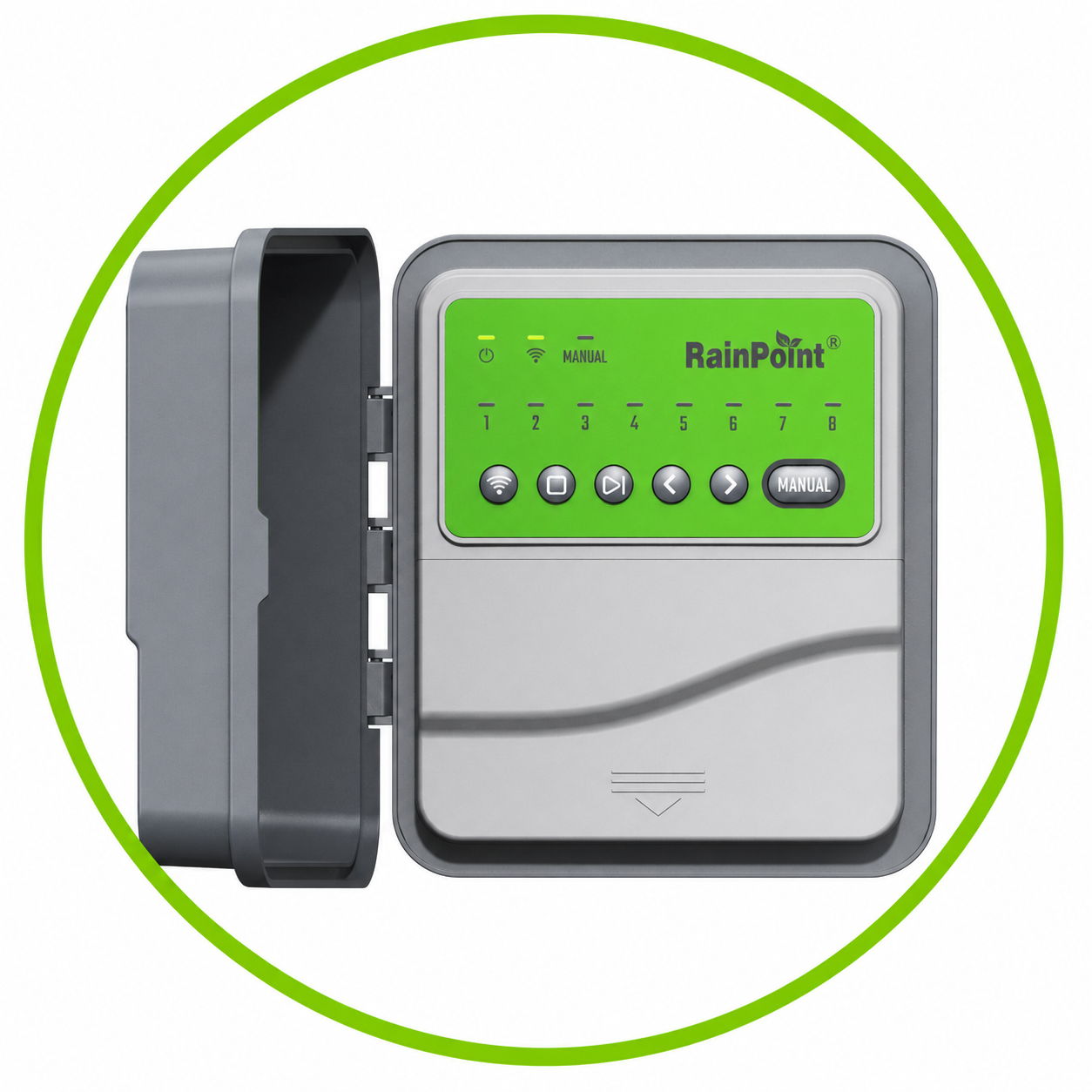 Irrigation control panel with a green interface and multiple buttons.