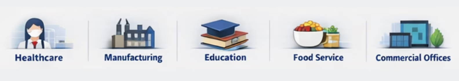 Icons for health care, manufacturing, education, food service, commercial offices