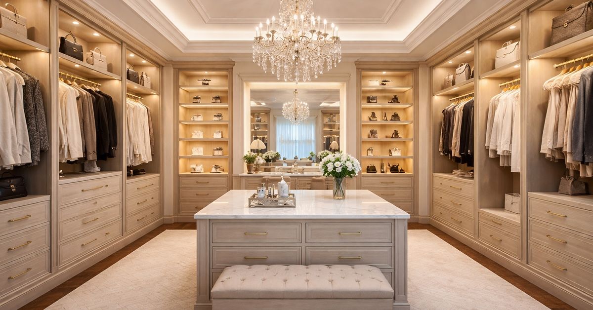 Luxurious walk-in closet with chandelier