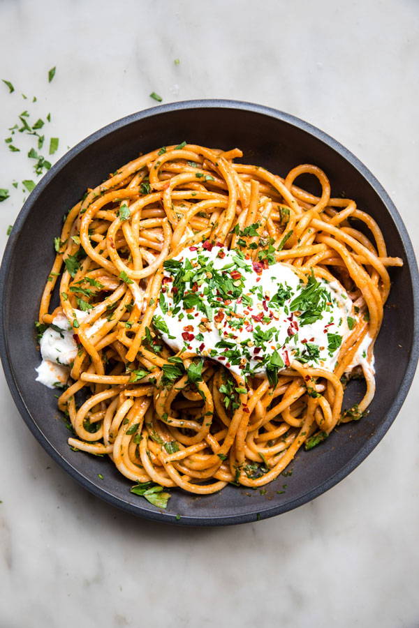 Bucatini in a spicy roasted red pepper sauce with creamy whipped feta cheese