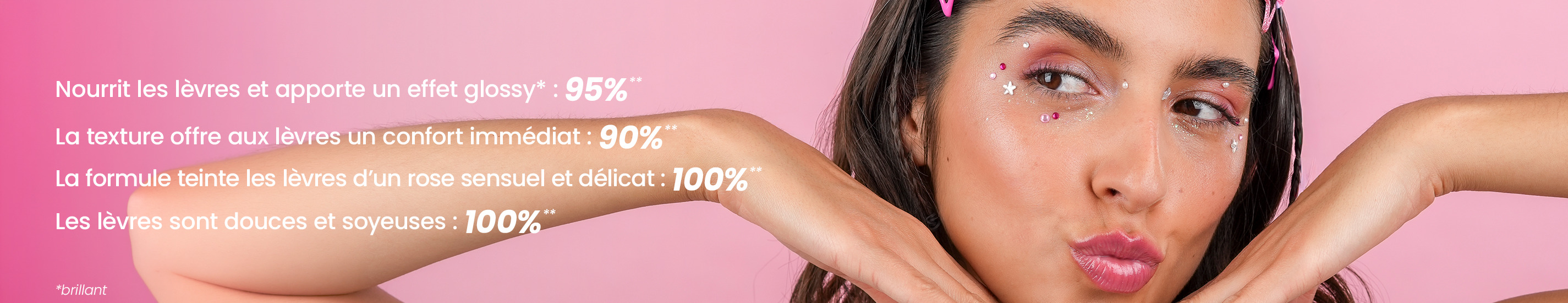 Woman posing with hands under chin against a pink background.