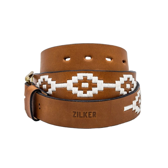 Brown leather belt with white geometric design and 