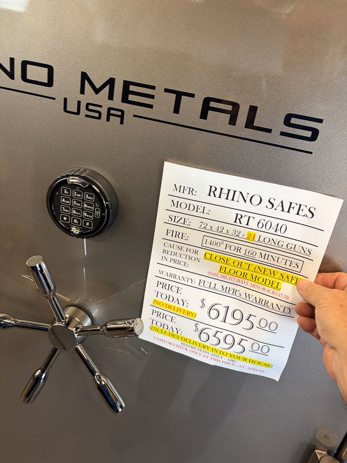 RHINOT RT6040 gun safe exterior with sale price tag on door - SES spring cleaning sale