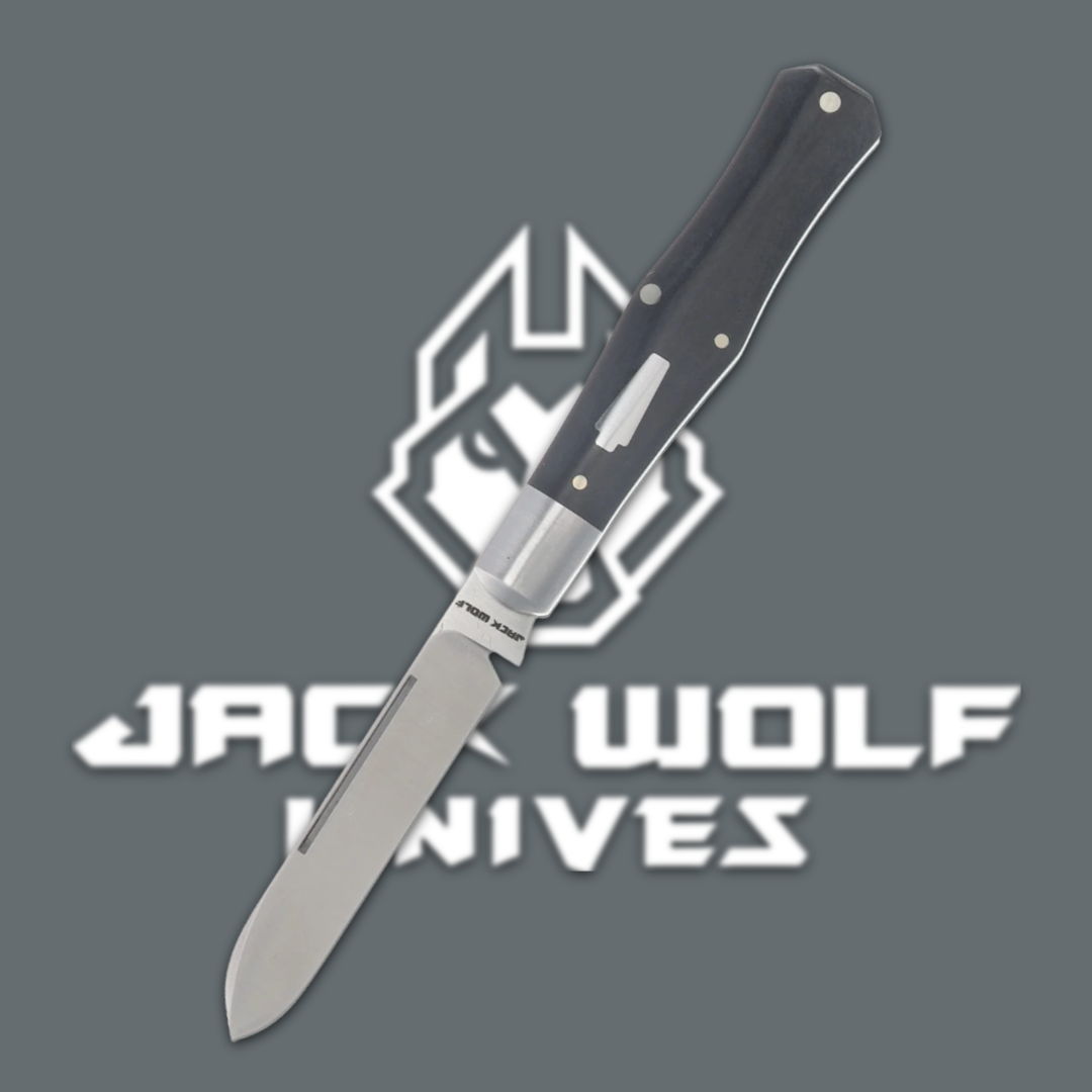 Knife with black handle and silver blade, Jack Wolf Knives logo background.