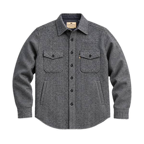 Grey herringbone wool shirt jacket with flap chest pockets and dark buttons