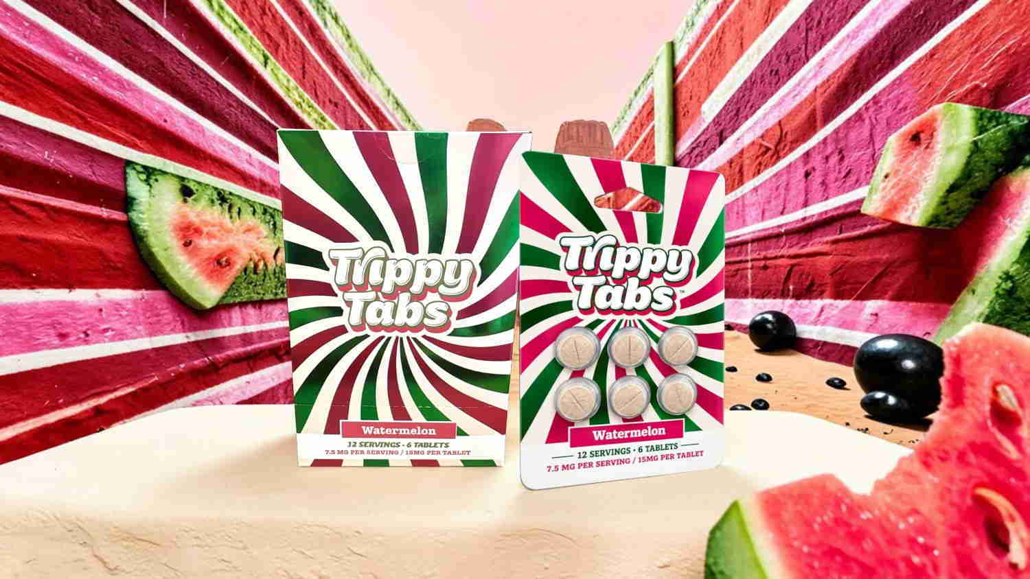 Colorful packaging of candy with a watermelon theme and vibrant background.