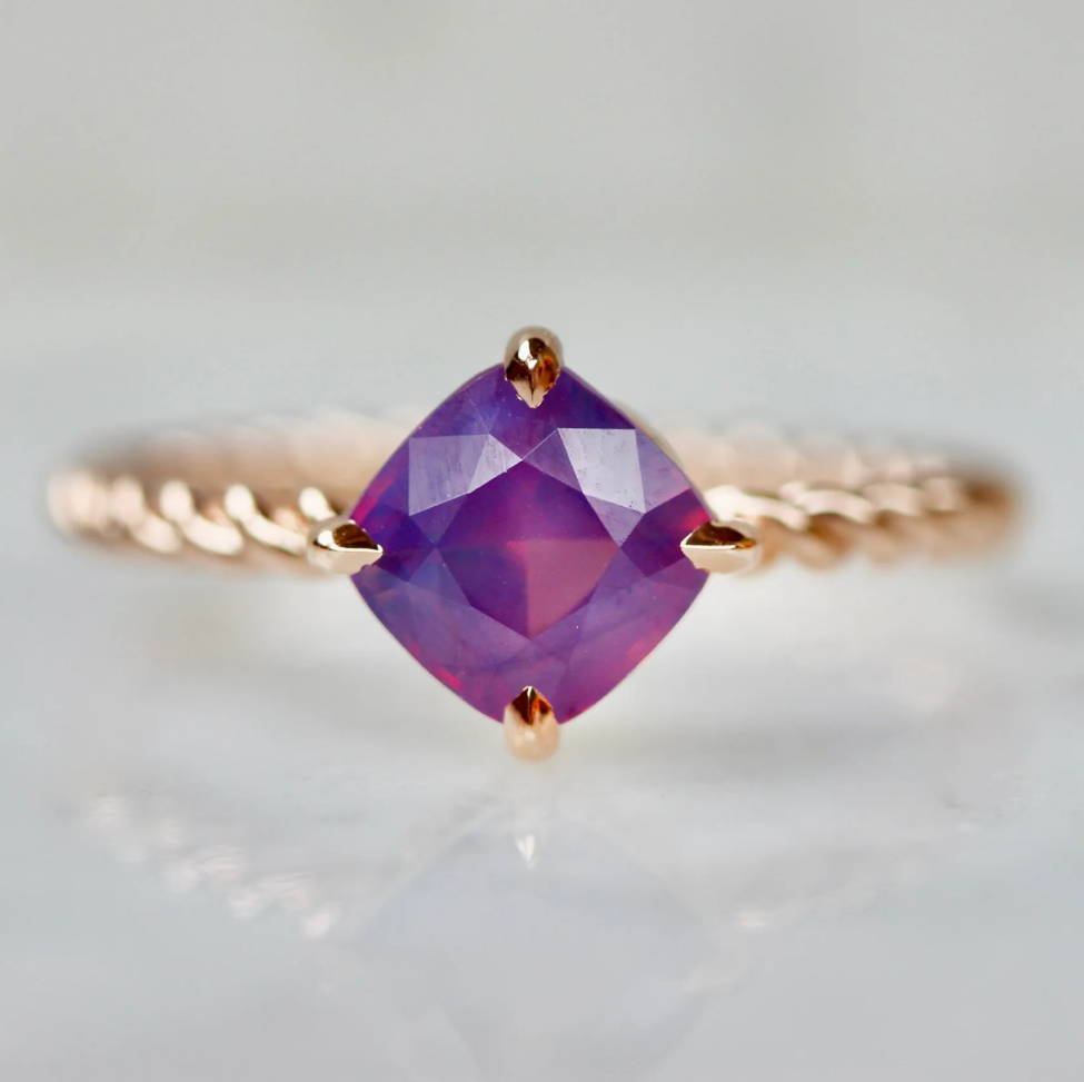 pink rose cut sapphire ring with braided gold band