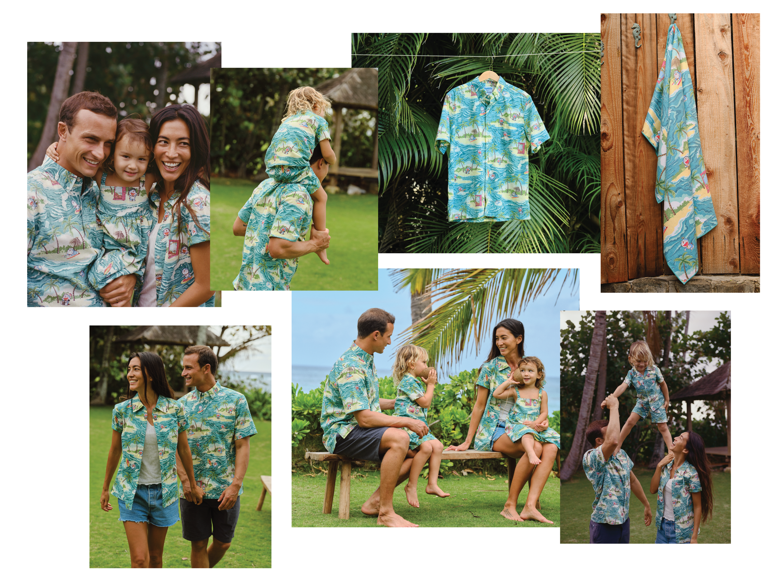 Family wearing matching tropical shirts in various outdoor settings.
