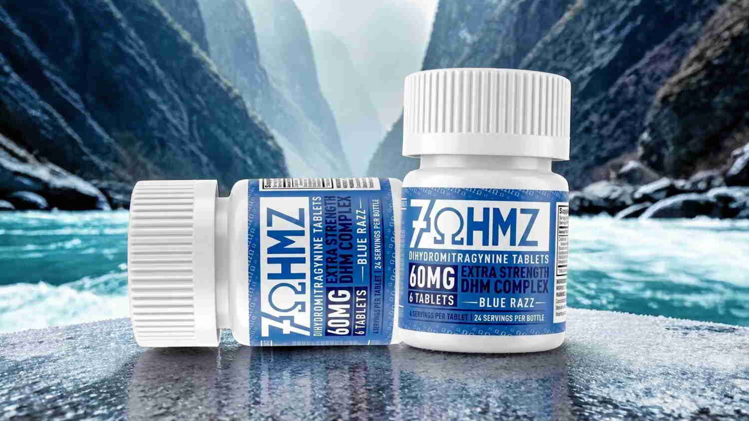 Two bottles of 7OHMZ supplement in front of a waterfall.