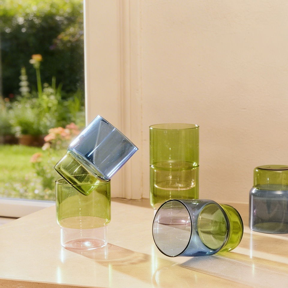 Colorful glass cups on a table with a garden background.