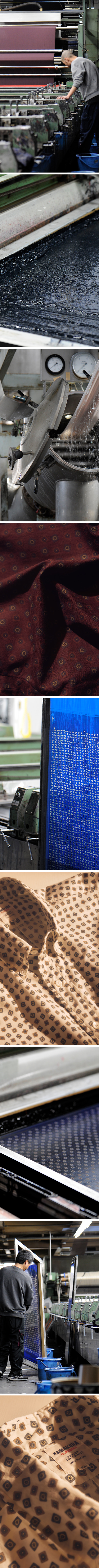 Textiles being processed in a manufacturing facility with various fabric samples.
