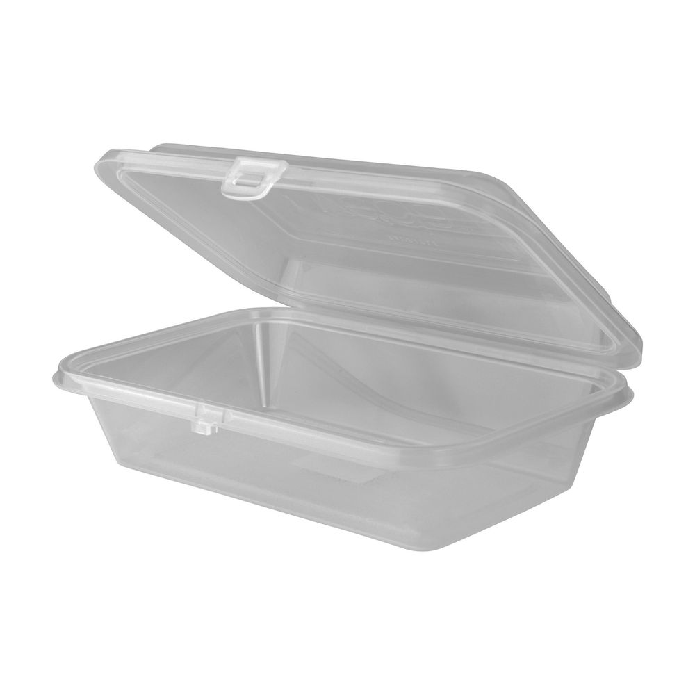 Clear plastic storage container with a hinged lid, partially open.