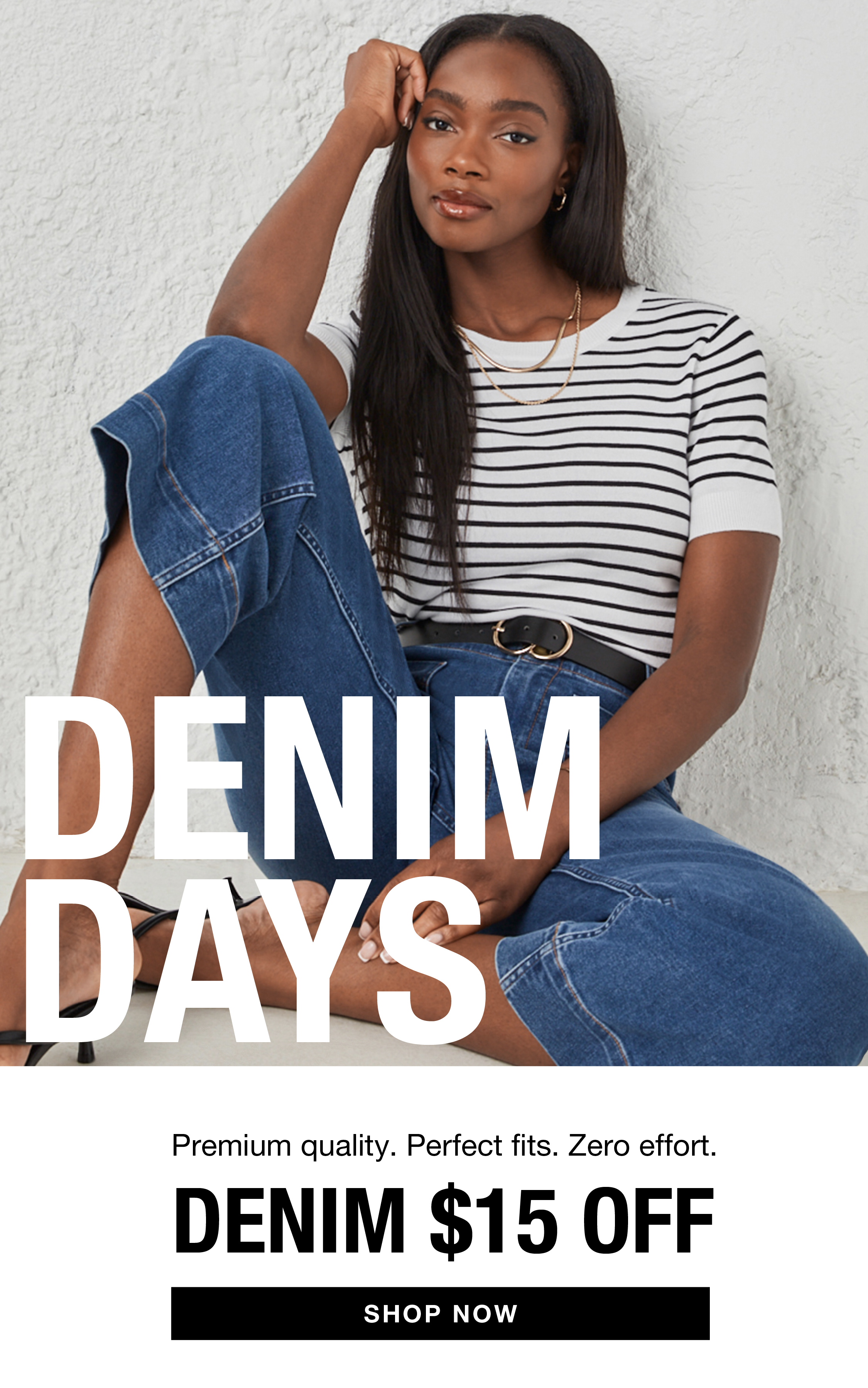 A woman in denim and striped shirt promotes a sale on denim.