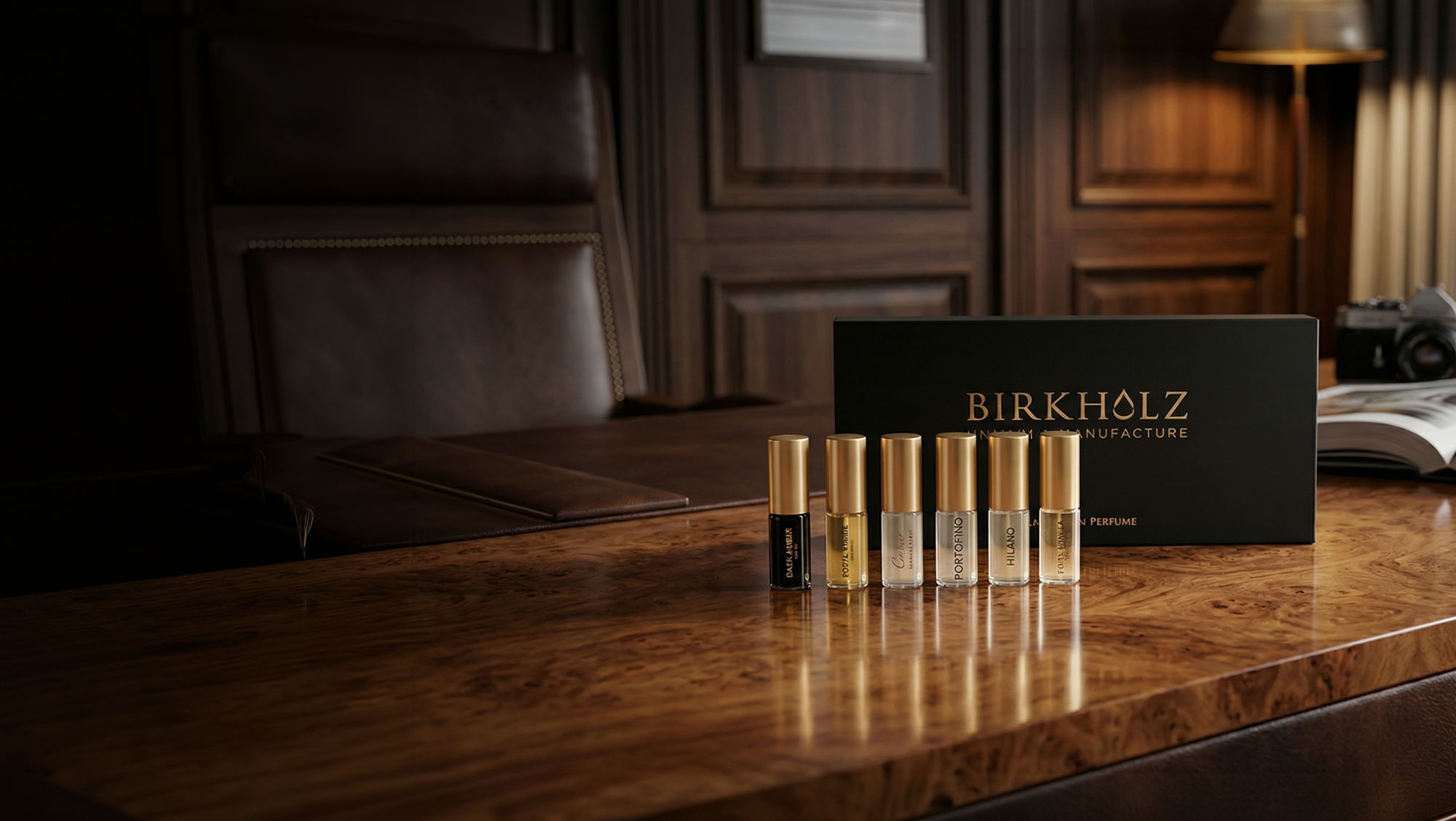 Birkholz discovery set of six sample vials on a walnut desk