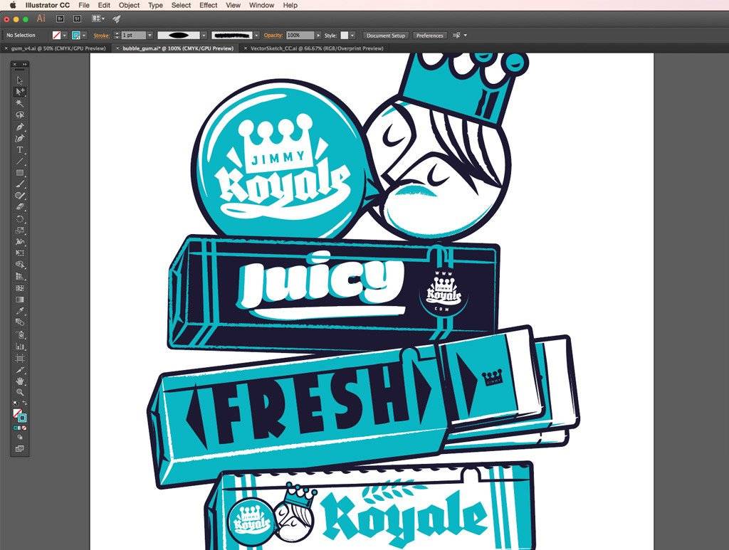 Adding typography to bubble gum packaging in retro t-shirt design in Adobe Illustrator