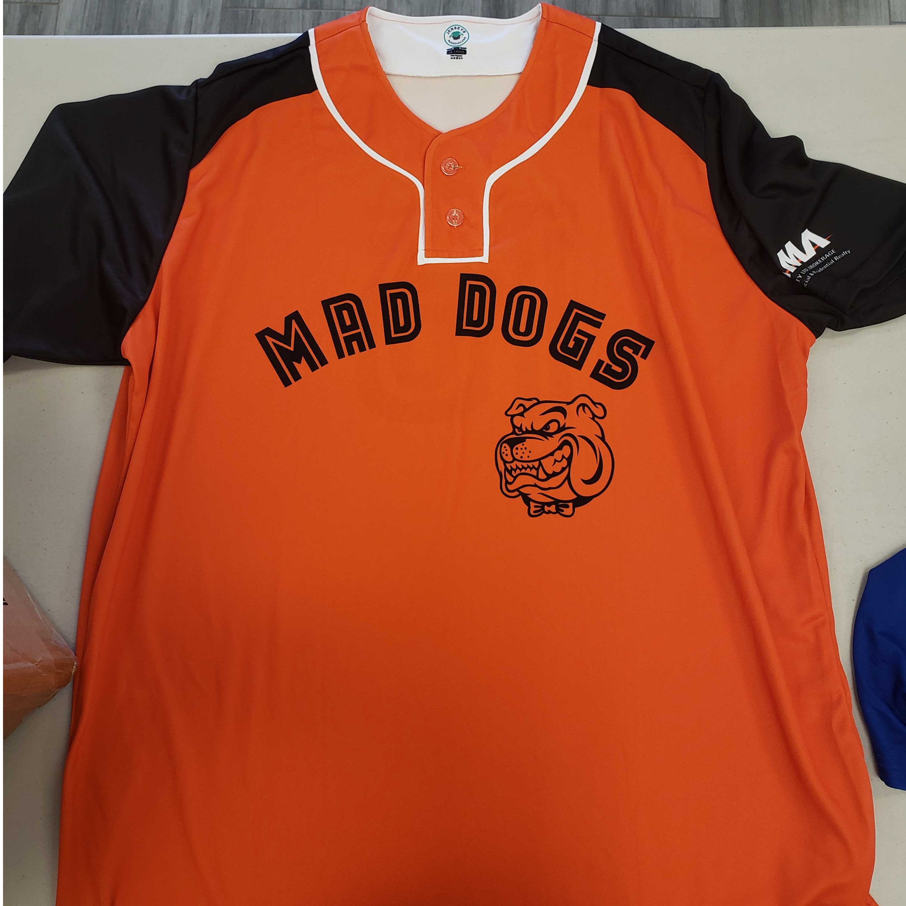 Custom Sublimated 2-Button Baseball Jersey: Mad Dogs
