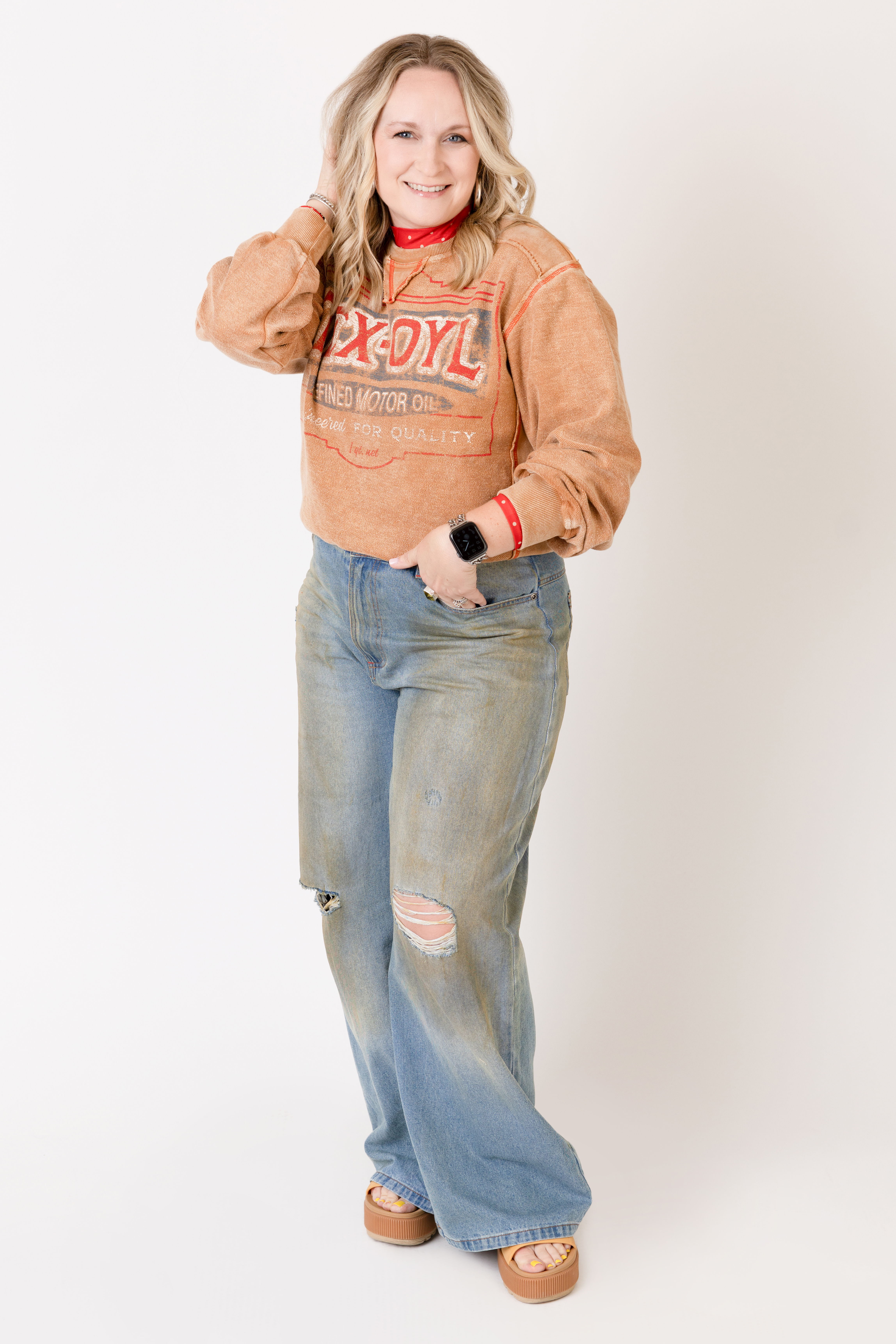 LEEANN WENSKE: Tex-Oyl Sweatshirt over Cade Tee, Driller’s Denim Pant