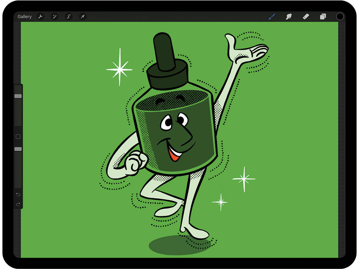 An illustration of an anthropomorphic ink bottle in Procreate on the iPad