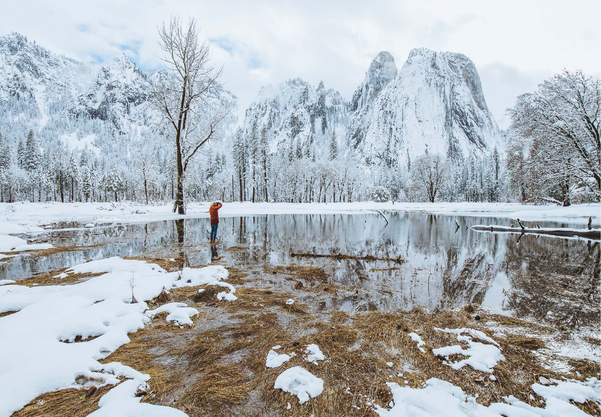 Man taking photos of iconic Yosemite snow covered mountains in a wetland