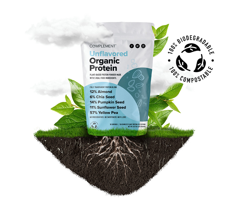 image of unflavored protein with 100% biodegradable and 100% compostable text