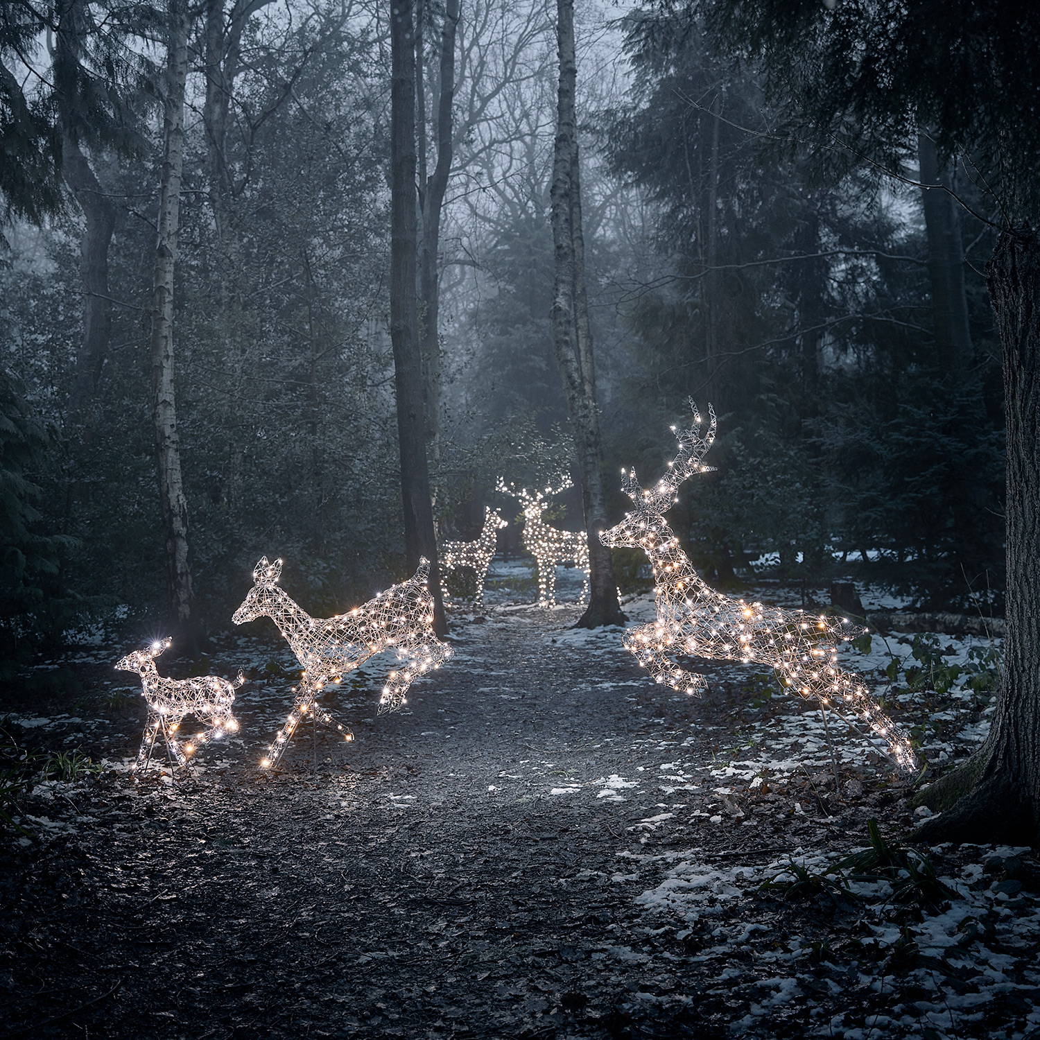 Set of 5 Harlow reindeer with dual LED leaping through the air in a night time forest setting.