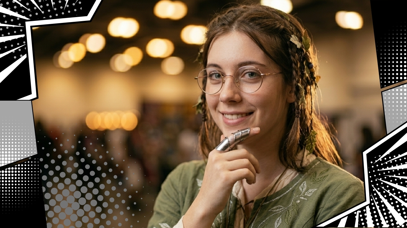 Cosplayer wearing backup wire-frame glasses smiling at a convention with warm bokeh lighting in the background