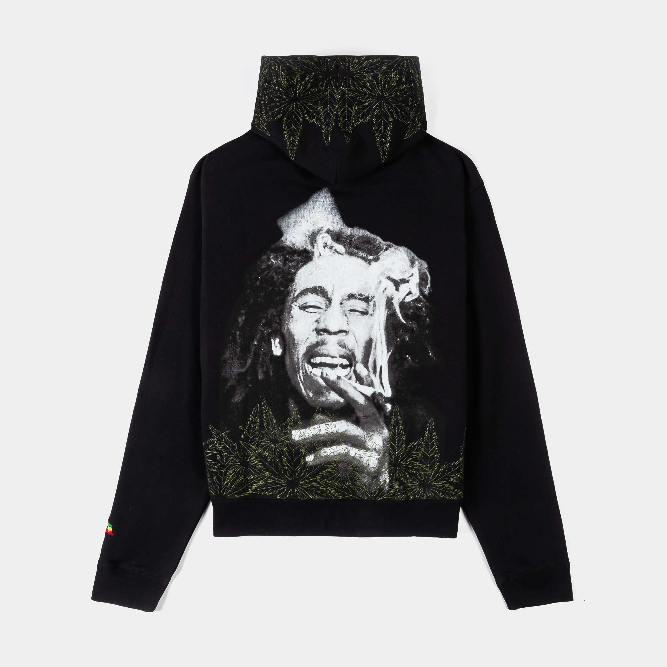 Black hoodie with green leaf design and logo on front.