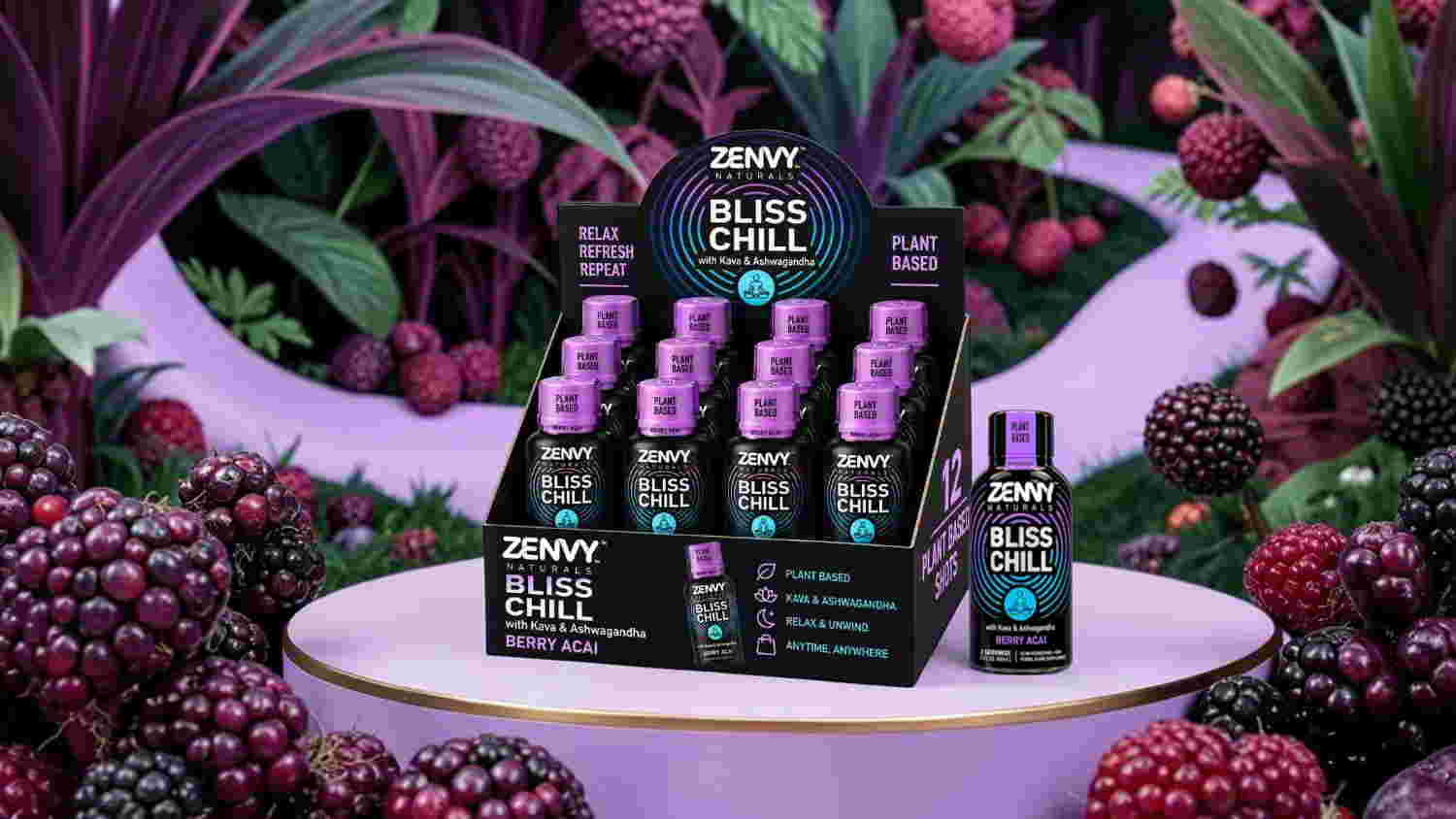 Display of health drink bottles surrounded by blackberries and purple foliage.