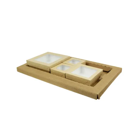 A kraft lunch kit consisting of a tray with several boxes inside