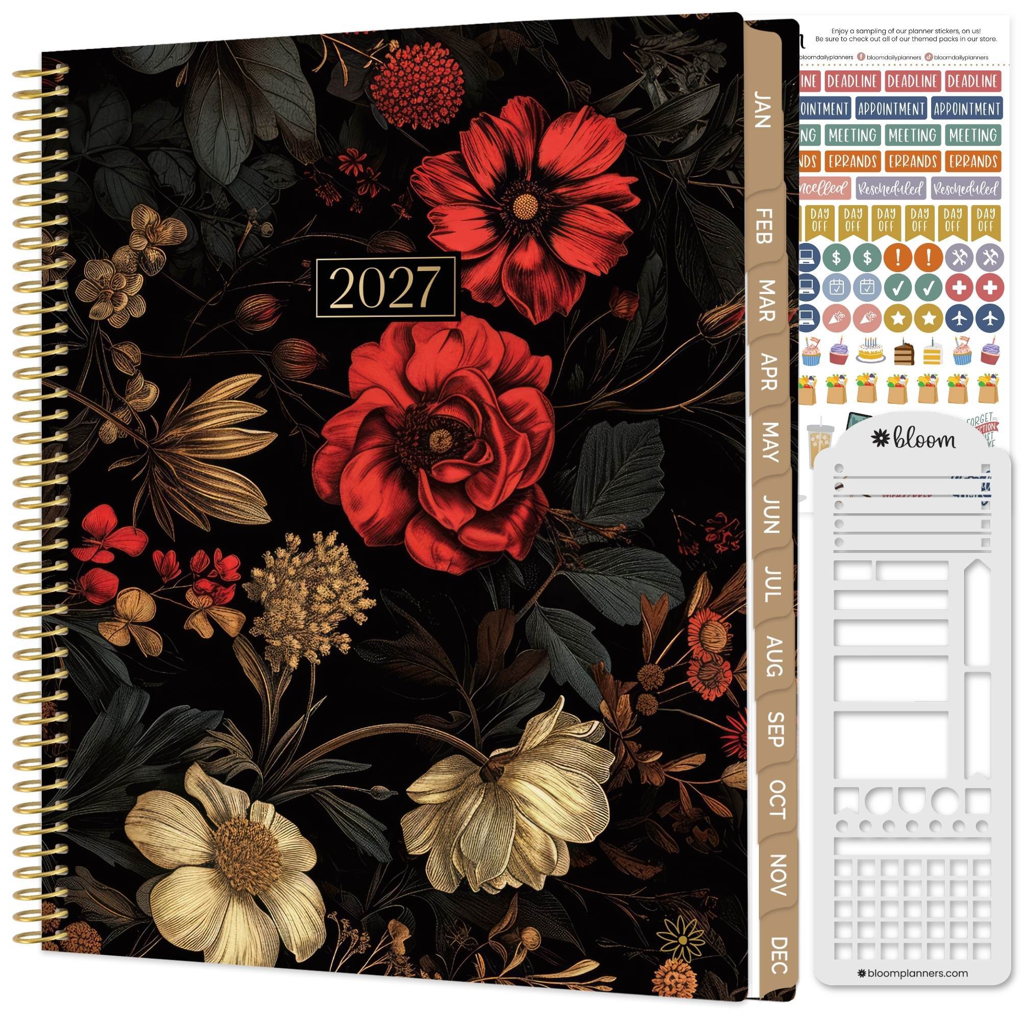 a 2027 planner with a black background and red and cream colored, large flowers with a stencil and sticker sheet