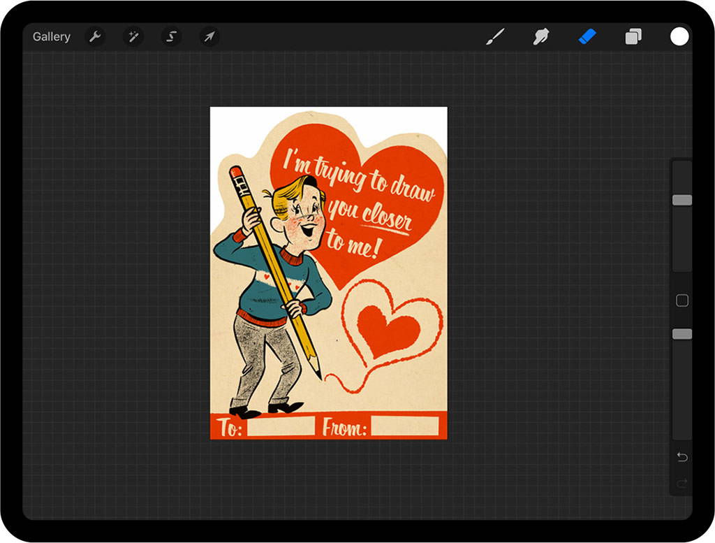 Edge of character and heart in Valentines card design in Procreate cut out to simulate cut out shape of real cards 
