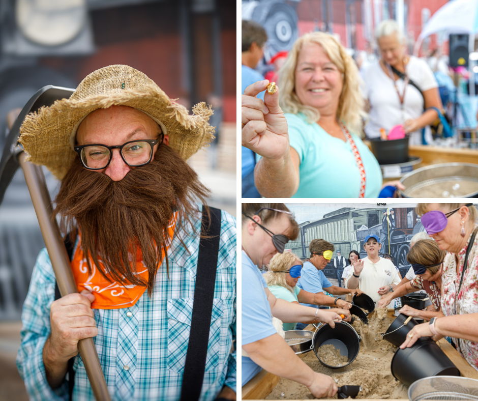 People enjoying a festival, including a person in a straw hat and activities.