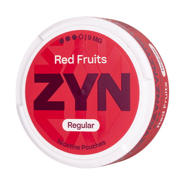 ZYN Red Fruits nicotine pouch container with regular strength label.