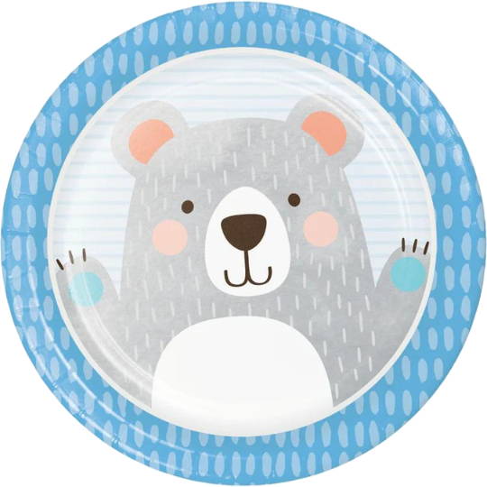 Grey bear on a blue plate