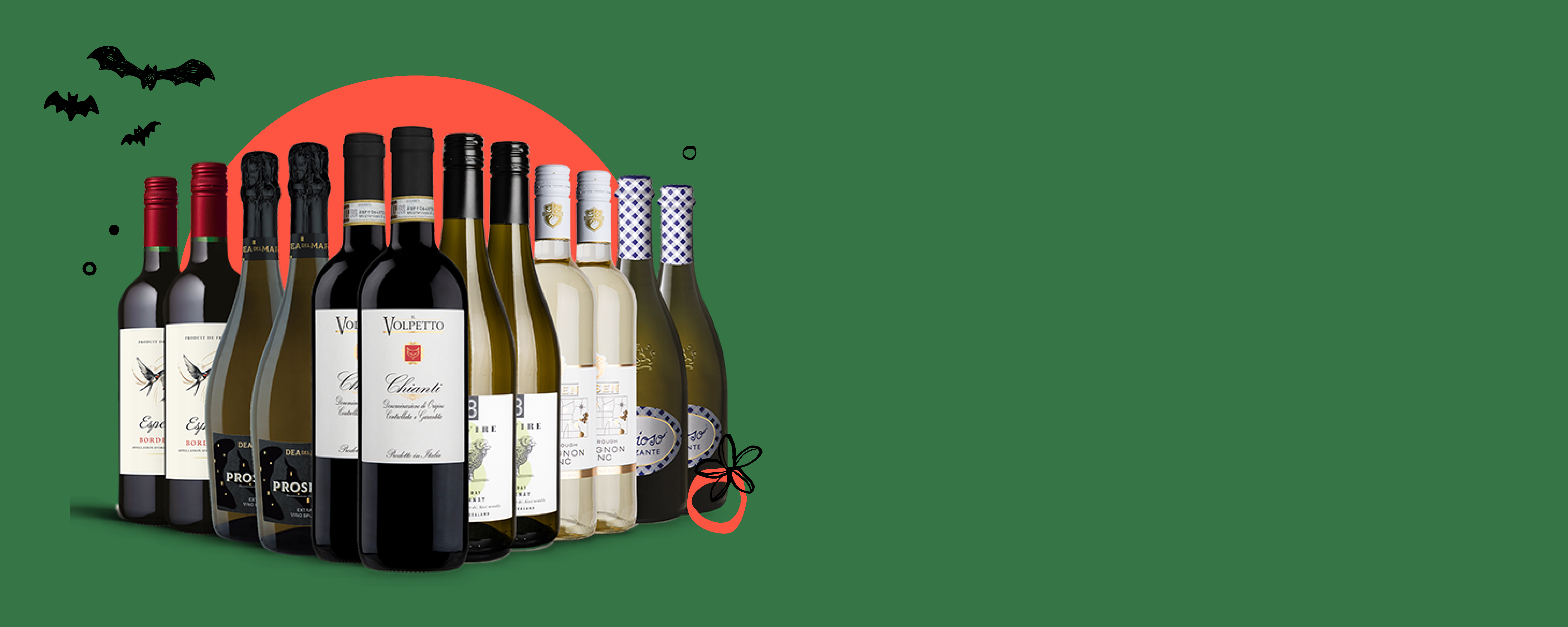 A collection of wine bottles against a green background with a red circle.