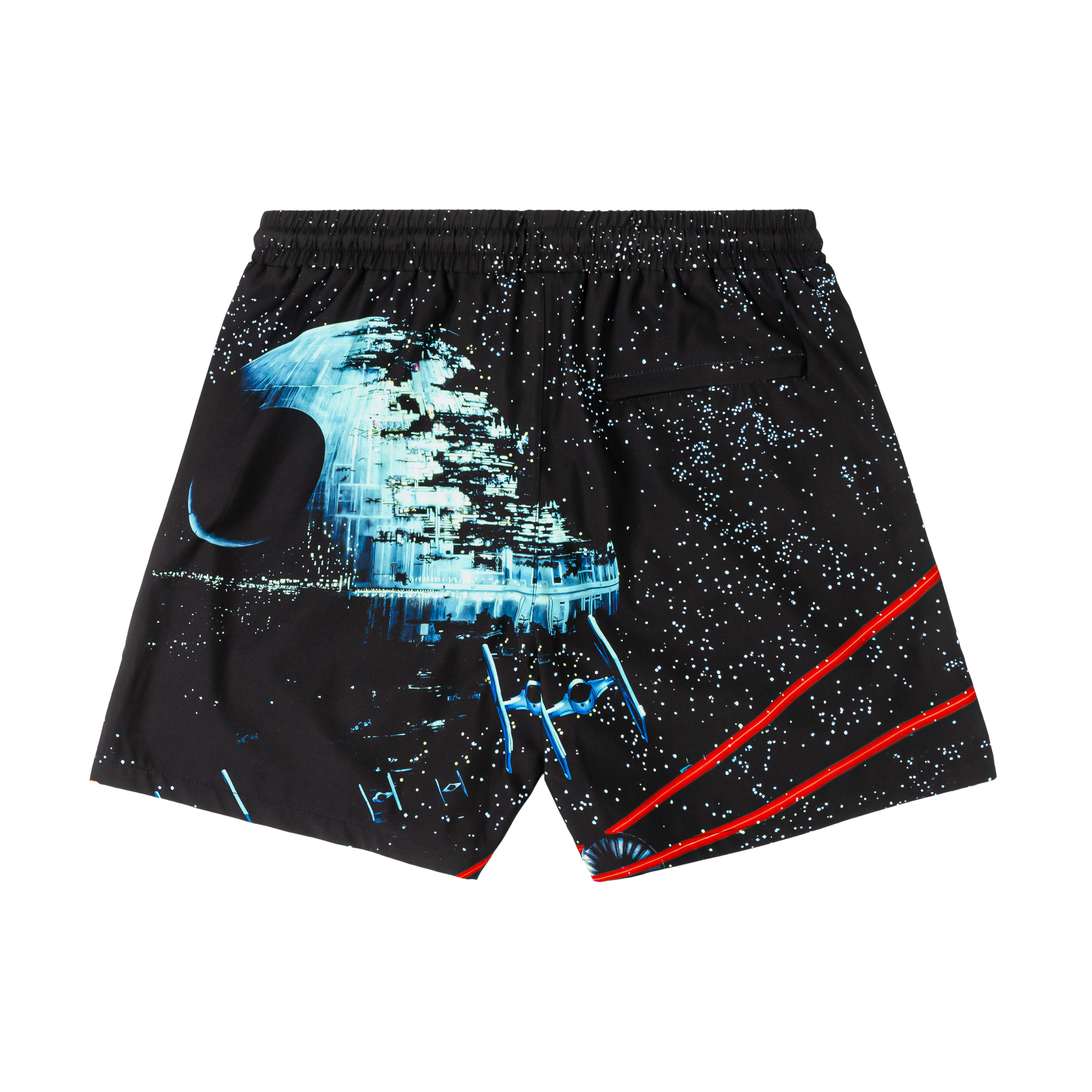 Black swim trunks with a space-themed design featuring starships and laser blasts.