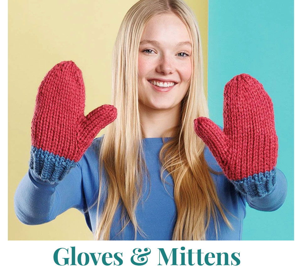 Smiling person wearing crocheted mittens, text 