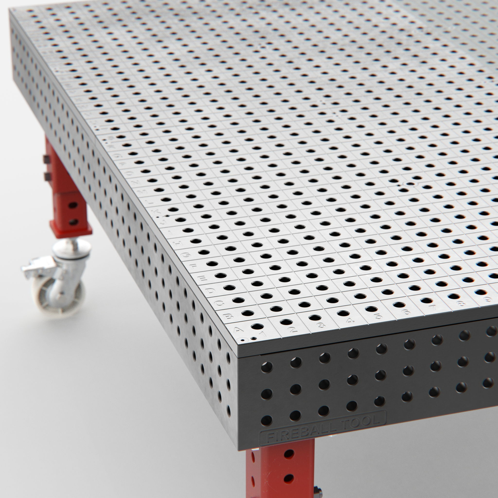 Metal workbench with perforated surface and red legs on wheels.