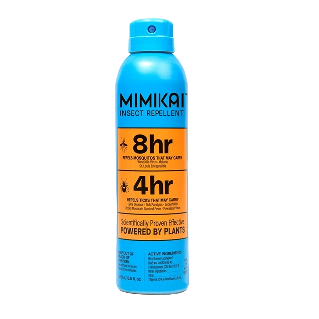 Blue insect repellent spray bottle with claims of 8-hour and 4-hour protection.
