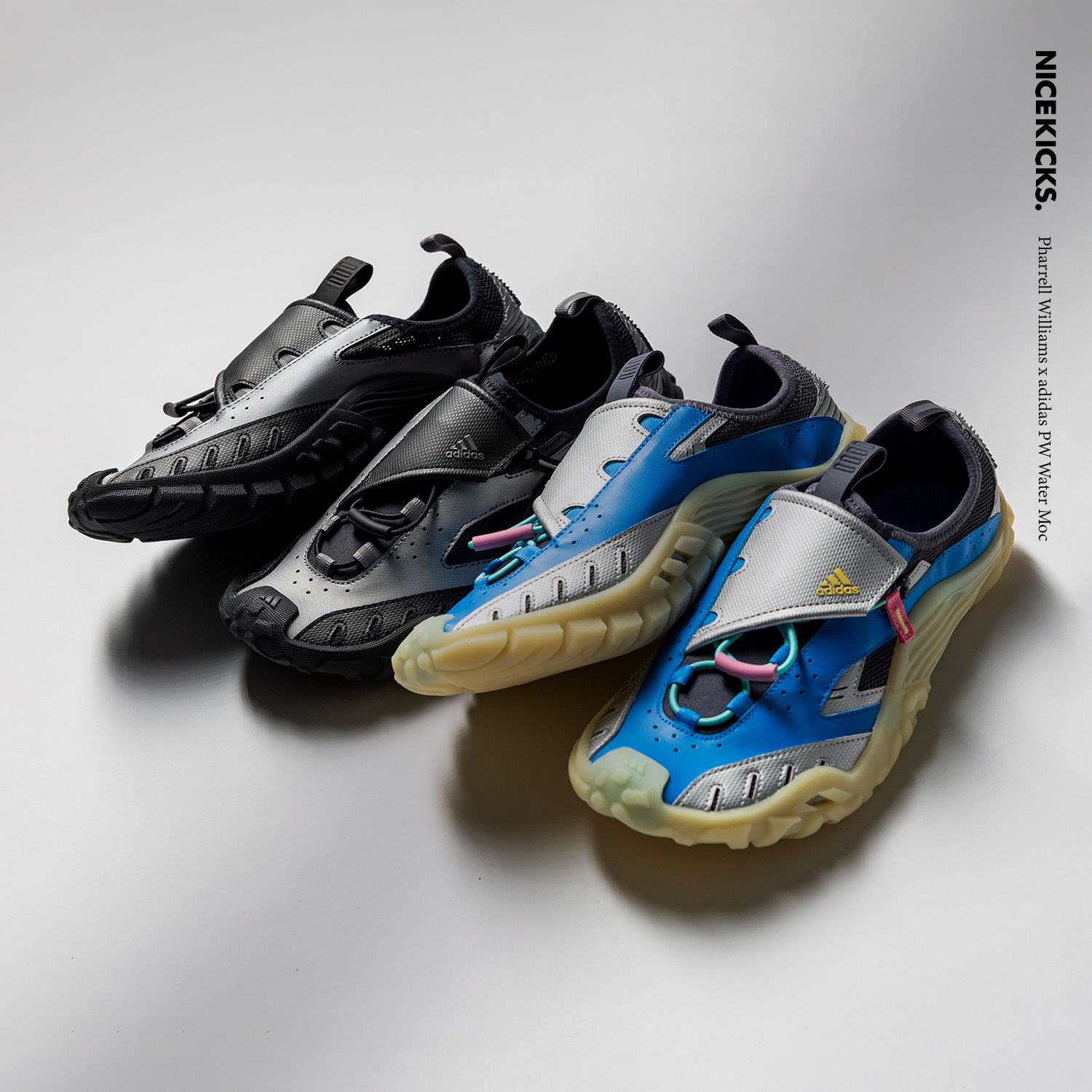 Three pairs of colorful, modern shoes arranged on a light background.