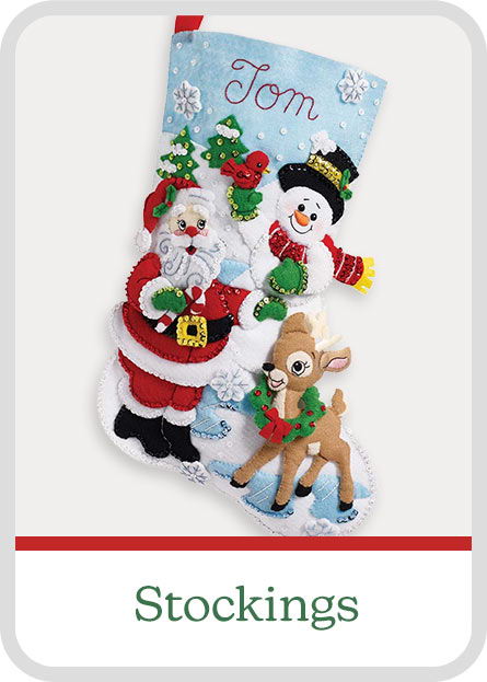 Christmas stocking featuring Santa, a snowman, and a reindeer. Labled 