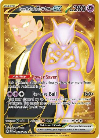 Mewtwo EX Pokémon card with abilities and attack details.