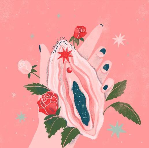 Ilustração de uma mão segurando a representação de uma vagina e rosas ao fundo