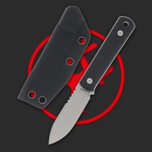 A knife with a sheath on a black background.