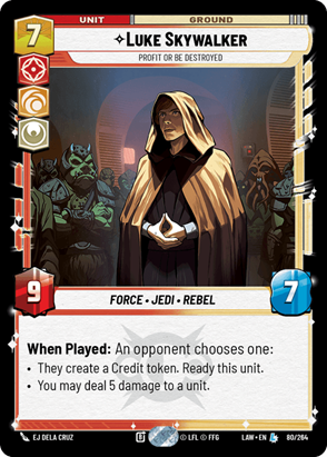 Card featuring Luke Skywalker, Jedi unit with gameplay instructions.